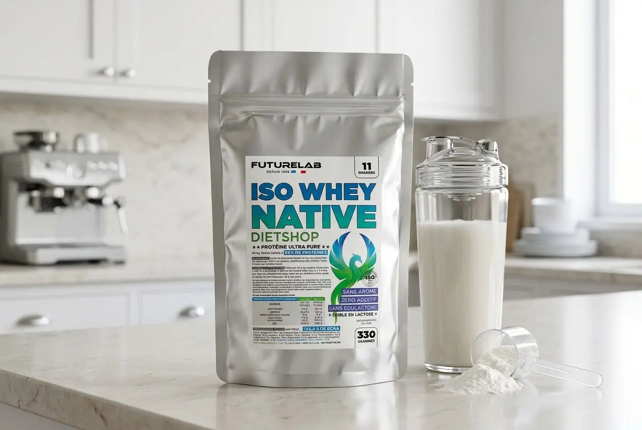 Poudre iso whey native FutureLab sur le plan de travail, flacon de lait et matériel de cuisine à côté. Différence entre isolat et concentré de whey évoquée.
