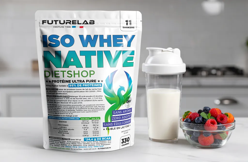 Poudre ISO WHEY NATIVE en sachet, shaker et bol de fruits frais, ambiance cuisine moderne. Effet secondaire protéine musculation possible à évoquer.