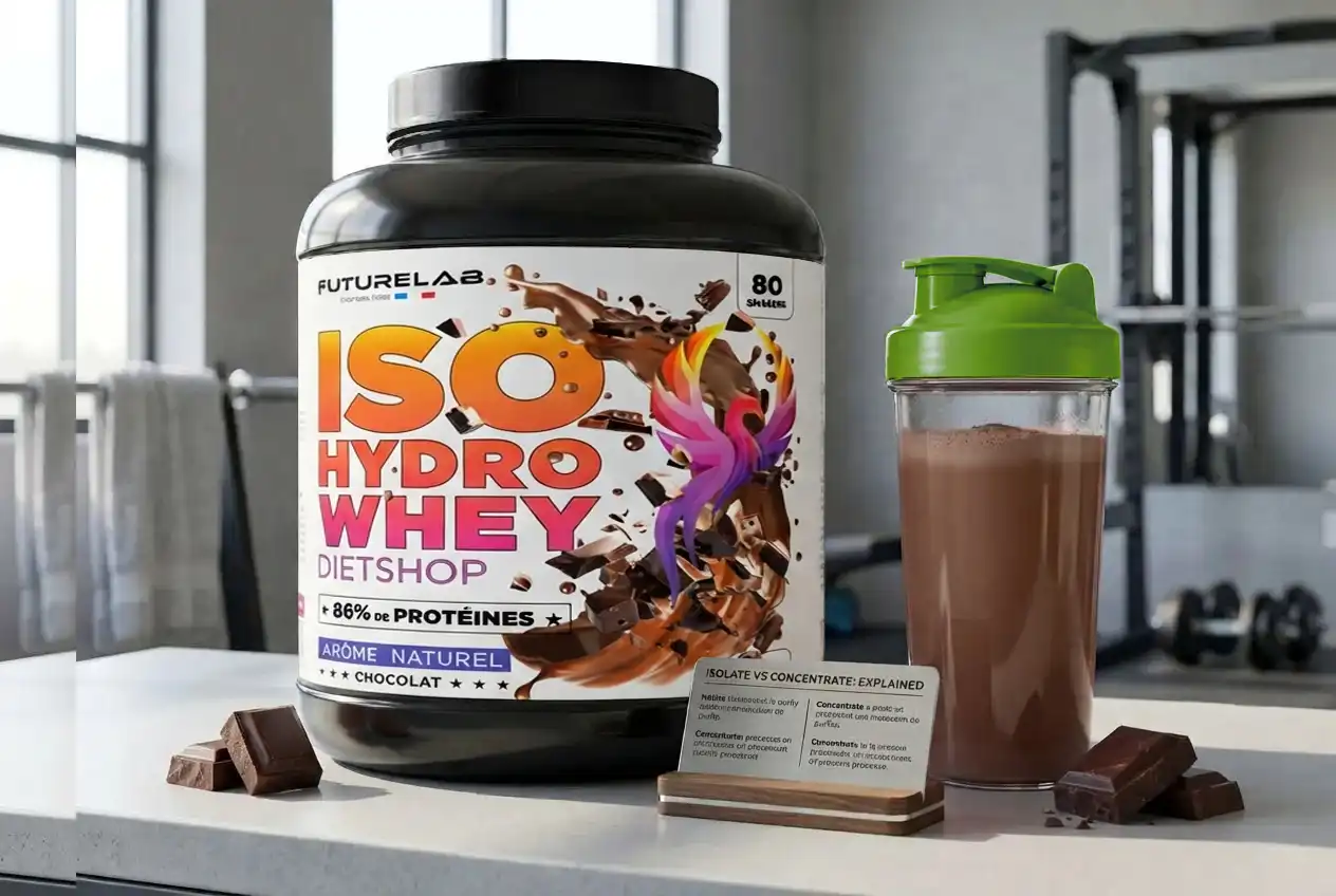 Protéine Isohydro Whey DietShop FUTURELAB, pot noir 80 doses, entouré de morceaux chocolat et shaker vert, sur plan de travail. Protéine Isohydro Whey DietShop FUTURELAB, pot noir 80 doses, entouré de morceaux chocolat et shaker vert, sur plan de travail.