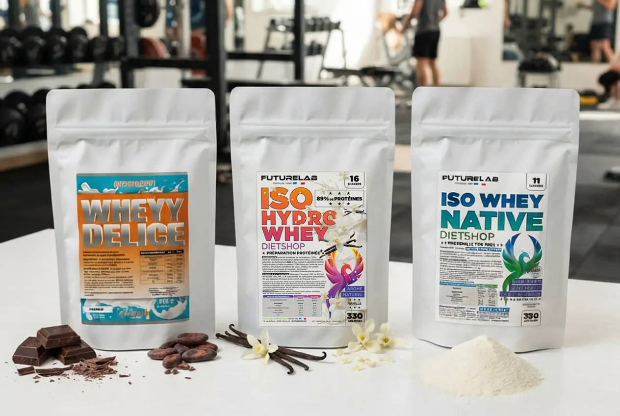 Trois sachets de whey protéine Futurelab en avant-plan avec morceaux de chocolat et vanille, insinuant une nutrition sportive. Trois sachets de whey protéine Futurelab en avant-plan avec morceaux de chocolat et vanille, insinuant une nutrition sportive.